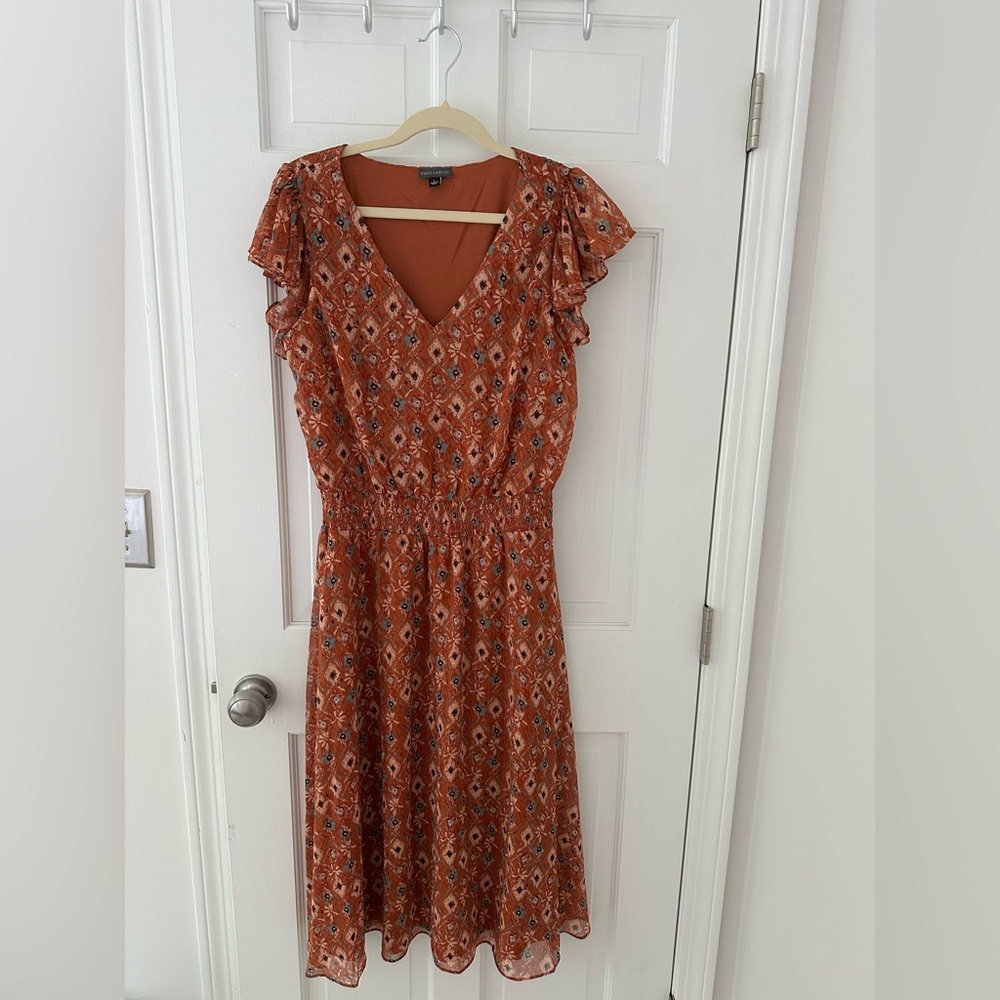 Vince Camuto Orange Smocked Ruffled Midi Dress